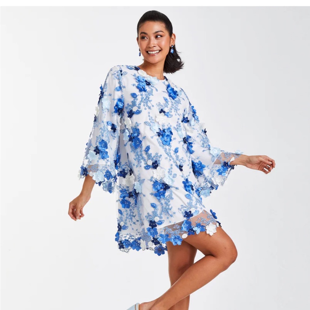 Blue & White Floral Appliqué Mini Dress - Women